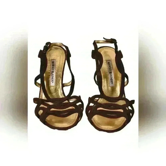MANOLO BLAHNIK  Brown Suede Lace Peep Sandal Pump Heel 36.5EU 6.5US Italy - Picture 2 of 9